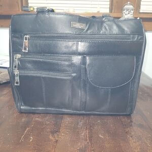 Quenchy London Black Leather Multi-pocket 2 Strap Handbag.